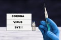 Background with hand, vaccine and text Coronavirus bye on white board
