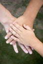 Background of hands of asian female adult and two kids group tog