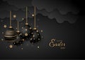 Happy Easter vector black background with hand-drawn eggs hanging under a cloud. Holiday greeting card, brochure, banner