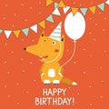 Backdrop with happy fox, air ballon, checkboxes and text. Happy birthday!