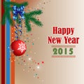 Background with Happy New Year text, Christmas tree branch and Christmas ball ornament Royalty Free Stock Photo