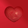 Background with heart shaped hole and electrical circuit board. Virtual love concept. Valentines day greeting card Royalty Free Stock Photo