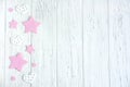 Background with hearts and pink stars. Frame for sale, banner, greeting lettering. Wooden background with hearts. Valeninov