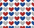 Background with hearts of red, blue and silver glitter, seamless pattern