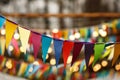 Background from holiday flags. Many colored flags and lanterns