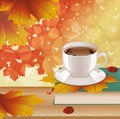 Background with hot coffee, book and autumn leaves.