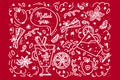 Background with hot mulled wine drink. Doodle Pattern Hot Wine with spices and zest. Vector linear illustration for the