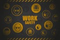 Background of icons, pictograms of industrial safety and occupational health. Personal protection equipment for the prevention of