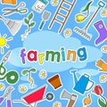 The background illustratio on the theme of farm and spring colored simple icons stickers on a blue background and the inscription