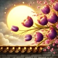 Background illustration Chinese painting flower tulip sunset Royalty Free Stock Photo