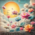 A background illustration Chinese painting flowers lotus sunset