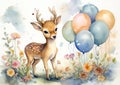 Background illustration cute baby deer cartoon watercolor forest art drawing girl animal card wild Royalty Free Stock Photo
