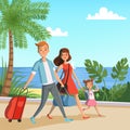 Background illustration with happy family walking on the beach. Travel concept vector illustrations Royalty Free Stock Photo