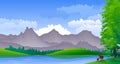 Background with illustration of natural landscape with mountains, hills, trees, lake and deer in silhouette.