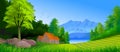 Background with illustration of natural landscaping with mountain, lake and cottage among trees and greenery.