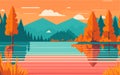 background illustration showcasing a serene lakeside landscape with a tranquil lake, towering trees, and a picturesque