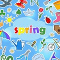 The background illustration on the theme of spring season, icons, stickers on blue won and inscription spring