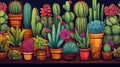 a background illustration with various cacti in flower pots