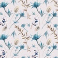 Background with illustrations of dried flowers. Pattern of eryngium, eucalyptus, lagurus and viburnum.