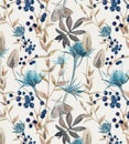 Background with illustrations of dried flowers. Pattern of eryngium, eucalyptus, lagurus and viburnum.