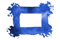 Background image of abstract watercolor spots forming a random shape of blue color with a square space for text Royalty Free Stock Photo