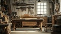 Background image of carpenter workstation, carpenter work table with different tools, wood cutting, a jigsaw, a cipher machine, Royalty Free Stock Photo
