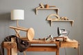 Background image of carpenters workstation, carpenters work table with different tools, wood cutting, a jigsaw, a cipher machine, Royalty Free Stock Photo
