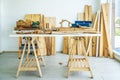 Background image of carpenters workstation, carpenters work table with different tools and wood cutting stand with wood shavings Royalty Free Stock Photo