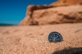 Background image of compass lying on beach with sea view, travel concept