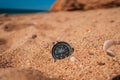 Background image of compass lying on beach with sea view, travel concept