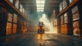 Background image of worker working and driving forklift at warehouse. AIGT2. Royalty Free Stock Photo