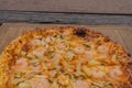 The background image is of a pizza placed on an old wooden floor.