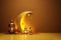 A background image for Ramadan Kareem features a 3D golden yellow Islamic concept with a crescent moon, dates, and lantern lamp