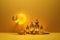 A background image for Ramadan Kareem features a 3D golden yellow Islamic concept with a crescent moon, dates, and lantern lamp