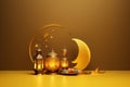 A background image for Ramadan Kareem features a 3D golden yellow Islamic concept with a crescent moon, dates, and lantern lamp