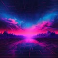 background image, retrowave. the setting sun sets behind the mountains,