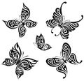 Background with the image set of black and white butterflies in the form of a tribal tattoo