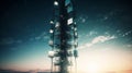 Background image shows a 5G global network technology commnication antenna tower for wireless high speed internet.