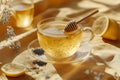 The background of this image shows an orange cup of linden tea and a bowl with honey Royalty Free Stock Photo