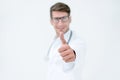 Background image.successful doctor diagnostician showing thumb up