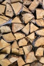 Background image of woodpile. Firewood is neatly stacked. Birch logs