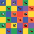 Background of insects. Bees ladybugs collection pattern on colorful square background