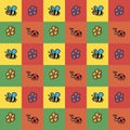 Background of insects. Bees ladybugs flowers collection pattern on colorful square background