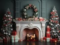interior decorated for christmas, burning fireplace, christmas trees with red and white balls, white background, holly garland