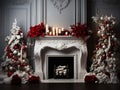interior decorated for christmas, burning fireplace, christmas trees with red and white balls, white background, holly garland