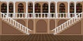 Background. The interior is in the form of a library with columns and large steps. The interior of the living room.