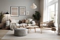 Background interior of living room with light colored concrete walls, sofa, and table. Generative AI Royalty Free Stock Photo