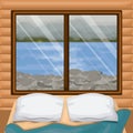 Background interior wooden cabin with bed and blur river with rocks scenary behind window Royalty Free Stock Photo