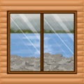 Background interior wooden cabin with blur river with rocks scenary behind window Royalty Free Stock Photo