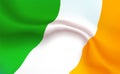 Background Irish Flag in folds. Tricolour banner. Pennant with stripes concept up close, standard Ireland. Western Europe